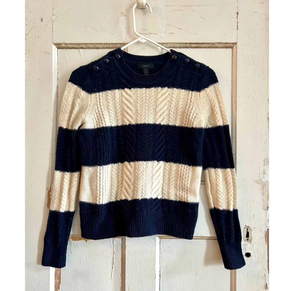 J.Crew Cable Knit Sweater – Navy/Cream – Size Small – 100% Wool